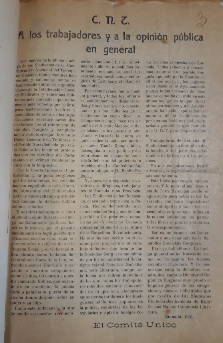 Manifiesto huelga general CNT Granada