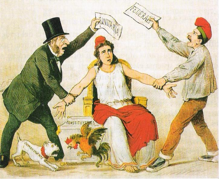 Ilustración de la revista La Flaca (1873). La República Española entre el centralismo y el federalismo.