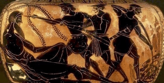 Ancient Greek vase depicting a scene with three soldiers and a woman, showcasing classical black-figure pottery art.
