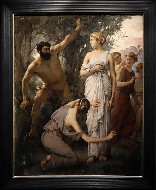A classical painting depicting a scene with a muscular bearded man reaching out towards a woman in a white gown, who stands elegantly with a flower in her hair. In the foreground, another woman in a gray dress is seen touching the first woman's arm. Several other figures are visible in the background, suggesting a narrative of interaction.